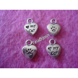 N.25 PZ CHARMS/CIONDOLI "CUORE LOVE MY CAT "ARG.TIBETANO 12x9mm