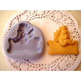 STAMPINO IN SILICONE " ANGELO(2) su PERGAMENA" 5cm PER FIMO /GESSO/ PASTA DI ZUCCHERO/BOMBONIERE