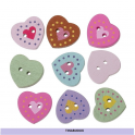 N.10pz BOTTONI FANTASIA MISTA"CUORE A POIS" IN LEGNO 17x16MM PER CUCITO / SCRAPBOOKING