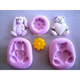 N.2 Stampino in silicone per Fimo "ORSO CUORE e CONIGLIO+OMAGGIO stampino fiore"