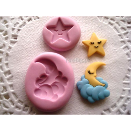 STOCK N.2 STAMPINI SILICONE " LUNA sulle NUVOLe e STELLA"per FIMO/GESSO/ PASTA di Zucchero